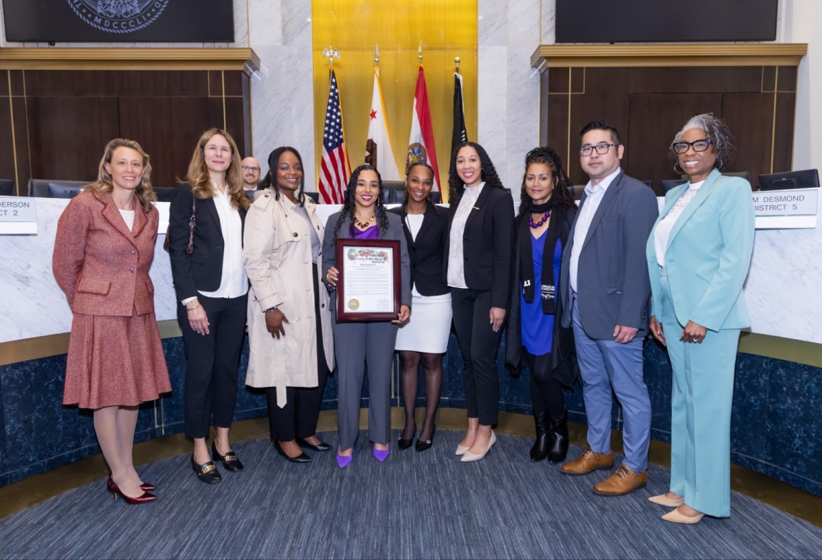 Dr. Tina M. King (middle) with SDCCE’s leadership team, SDCCD Board Trustee Mariah Jameson (right), Supervisor Terra Lawson-Remer (far left), and Supervisor Monica Montgomery Steppe (far right).